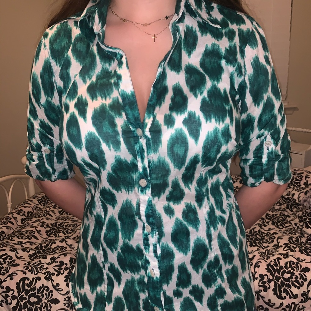 Michael Kors green animal print button up shirt